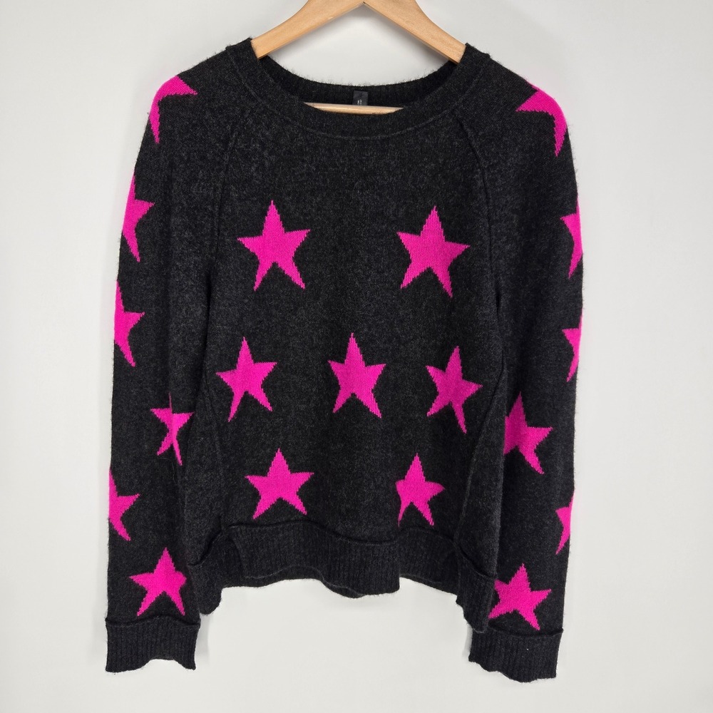 AQUA Cashmere Sweater Women Large Gray Pink Star Intarsia Knit Crewneck Luxury